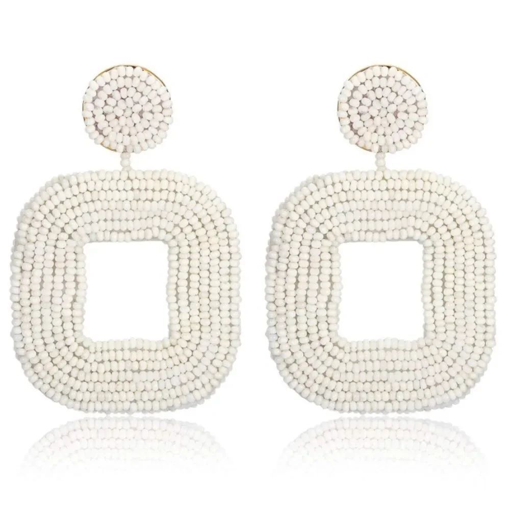 Square White Beaded Faux Leather Boho Dangling Drop Statement Post Back Earrings
